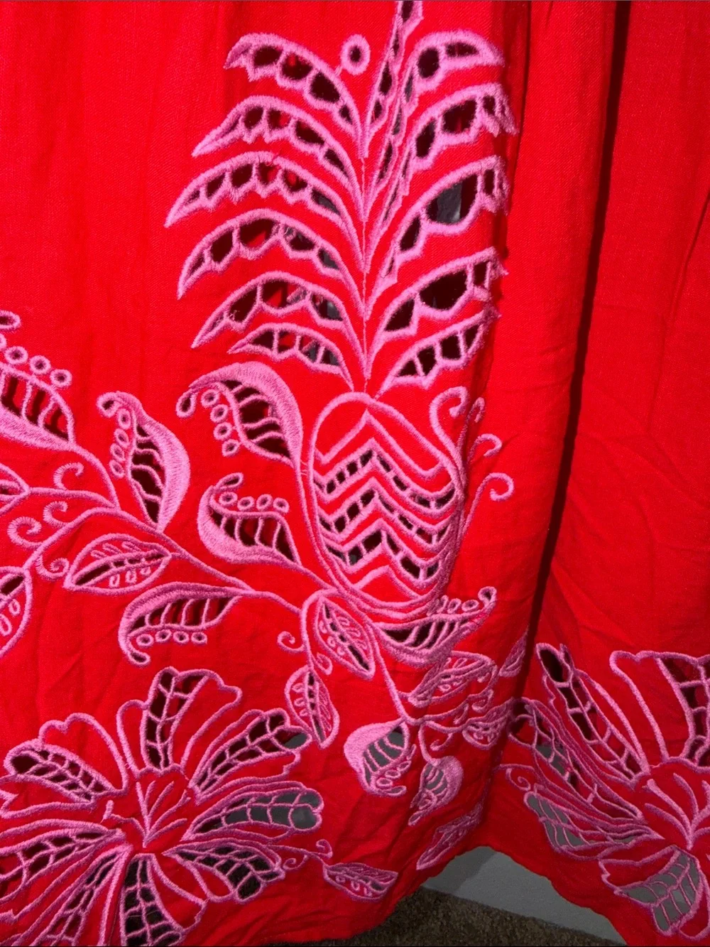 Farm Rio- Red Palm Tree Embroidered Puff-Sleeve-Midi Dress - Picture 12 of 12